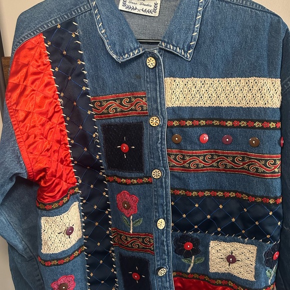 Sara Studio Vintage Denim Patchwork Jacket Large 100% Cotton Boho Grandmacore - Picture 2 of 9